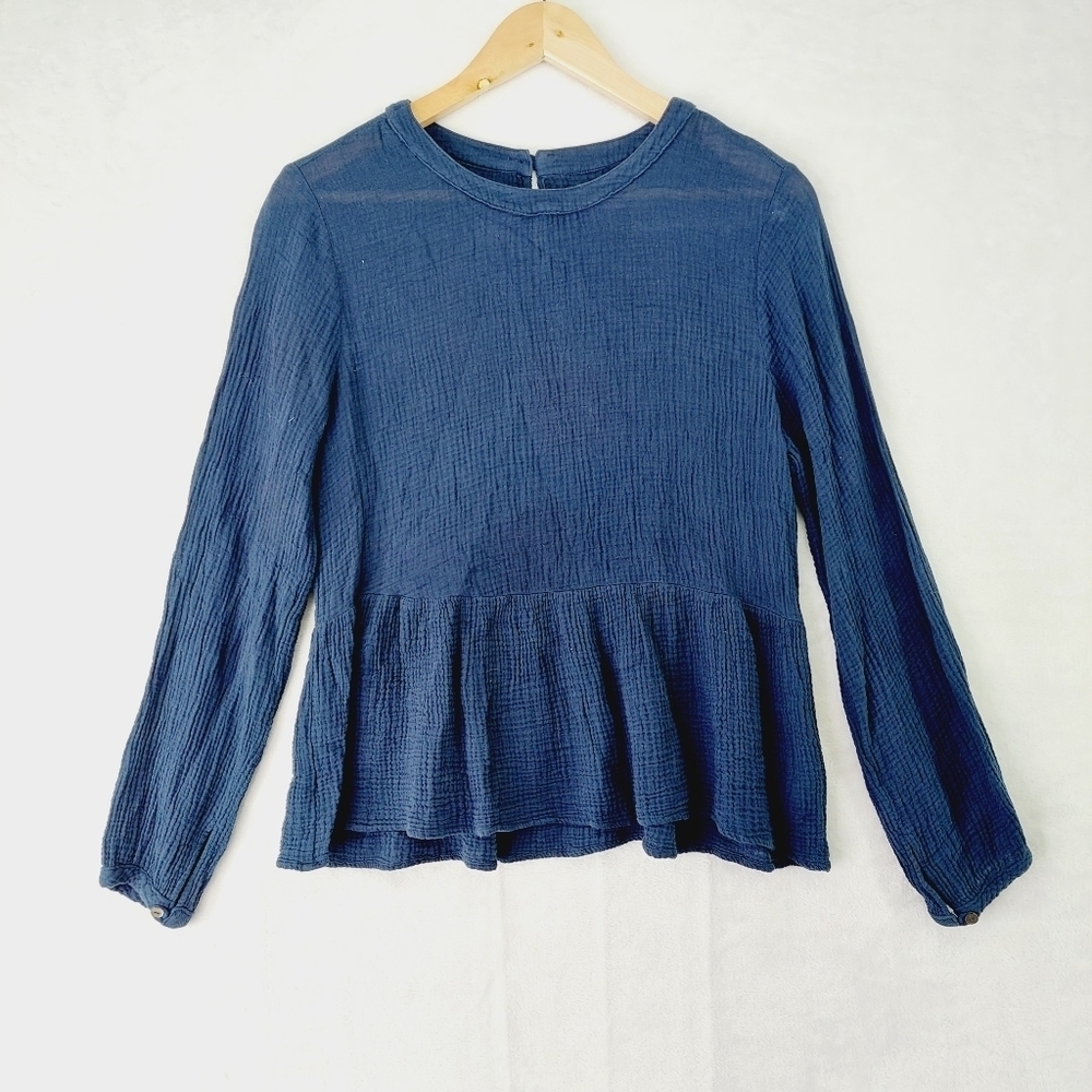 Velvet by Graham & Spencer Navy Blue Ruffle Hem Long Sleeve Cotton Blouse P2840